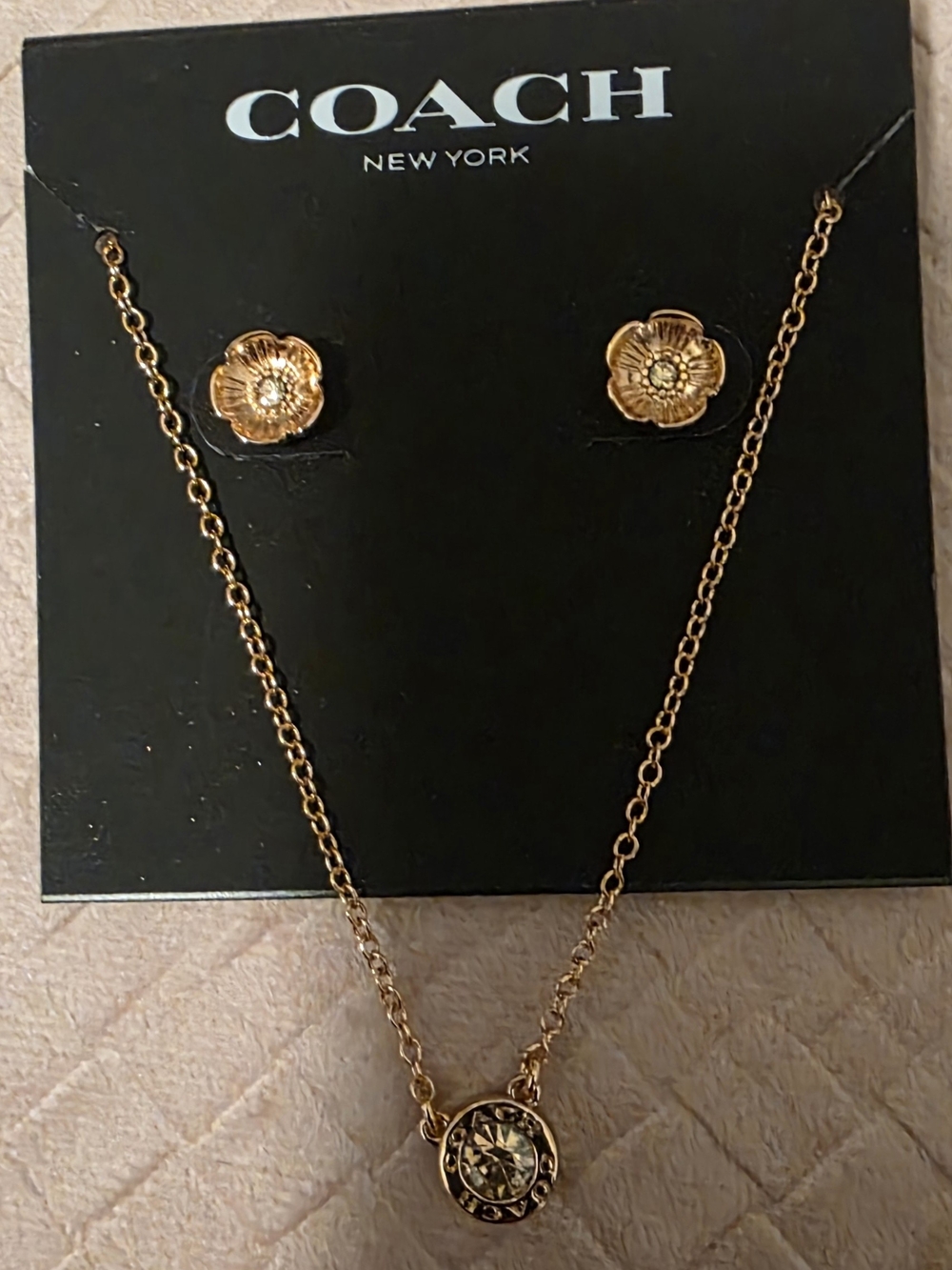 Coach Gold Floral Medallion Necklace and Stud Earrings Set - Picture 3 of 4